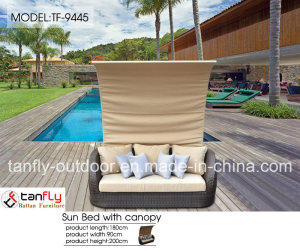 Foshan Factory Outdoor Garden Furniture Rattan Beach Sunbed with Canopy